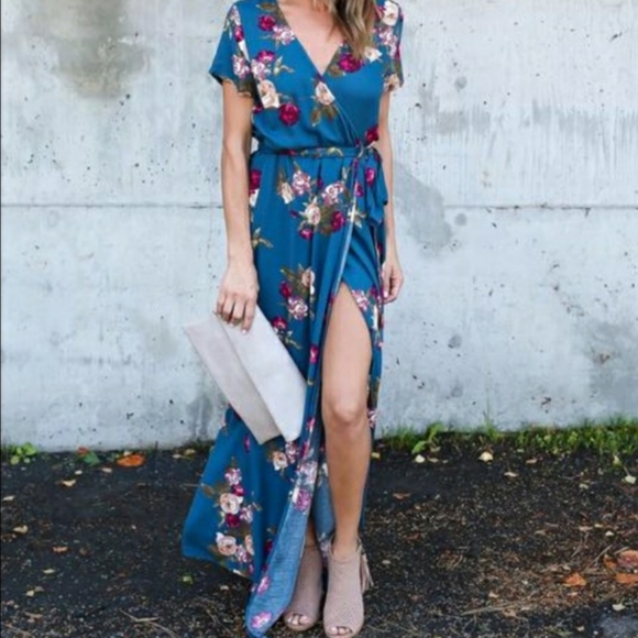 Olivaceous Dresses & Skirts - Olivaceous Blue Floral Wrap Maxi Dress